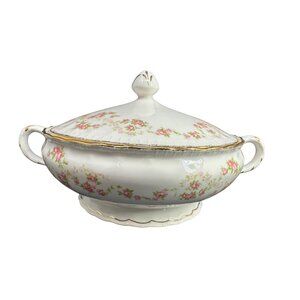 Pope Gosser Florence Covered Bowl 7” Pink Floral China w/ Lid & Gold Trim